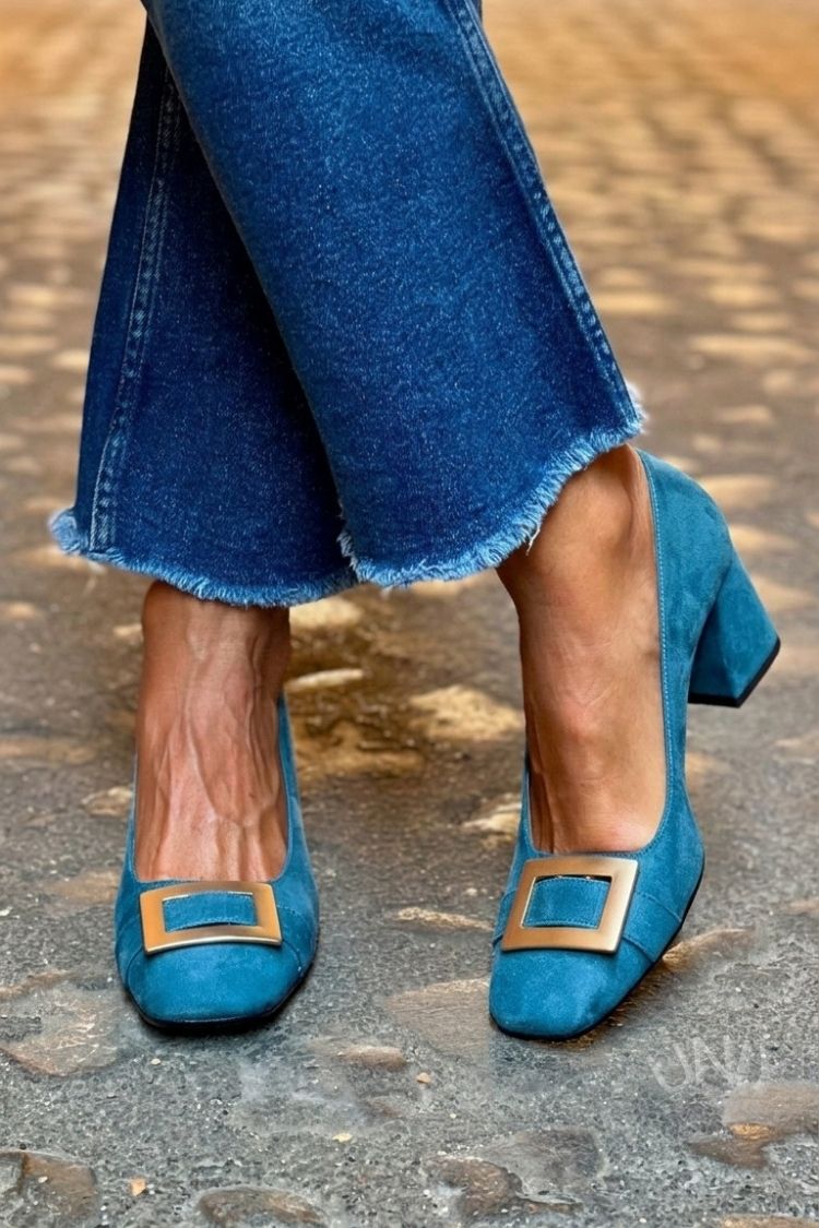 Décolleté patchwork Blu Marino a punta quadrata con tacco largo