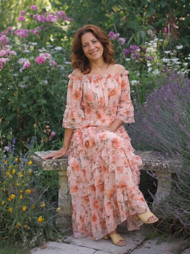 Rosalie | Abito Maxi a Righe Floreali con Spalle Scoperte