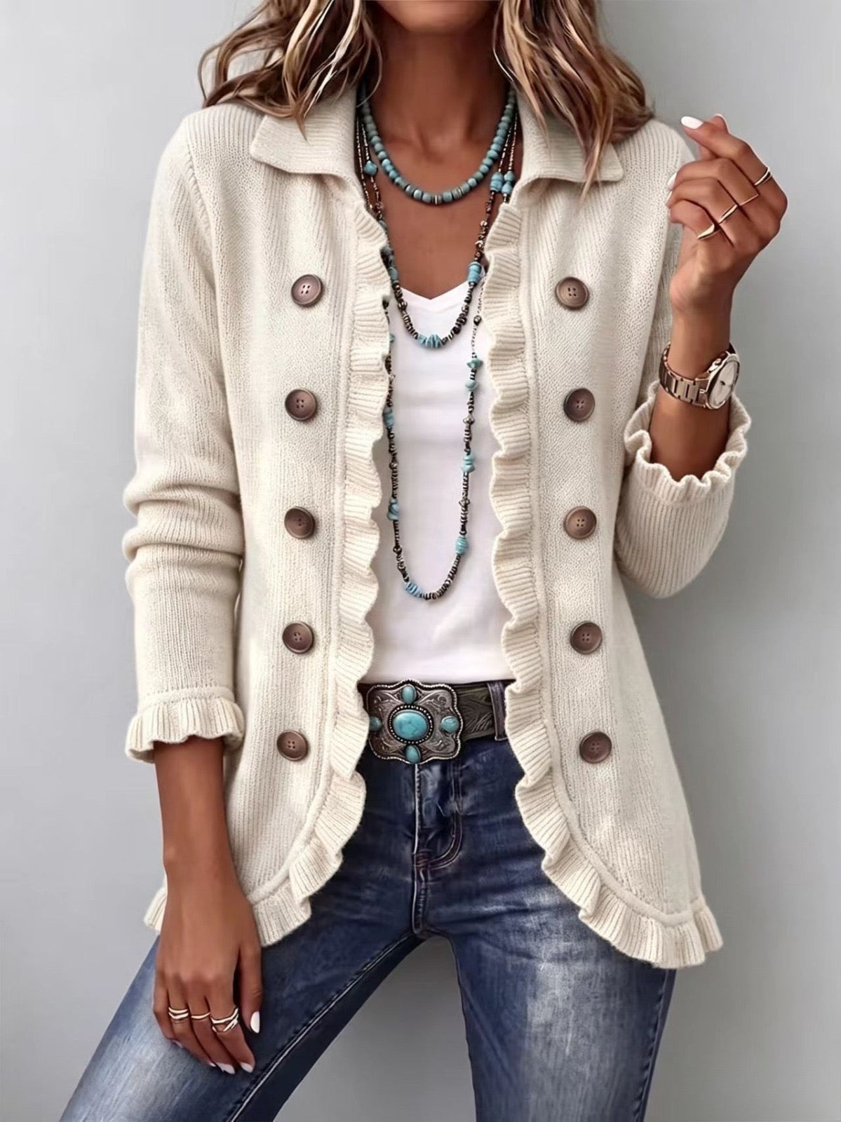 Fabienne | Cardigan avorio con ruches
