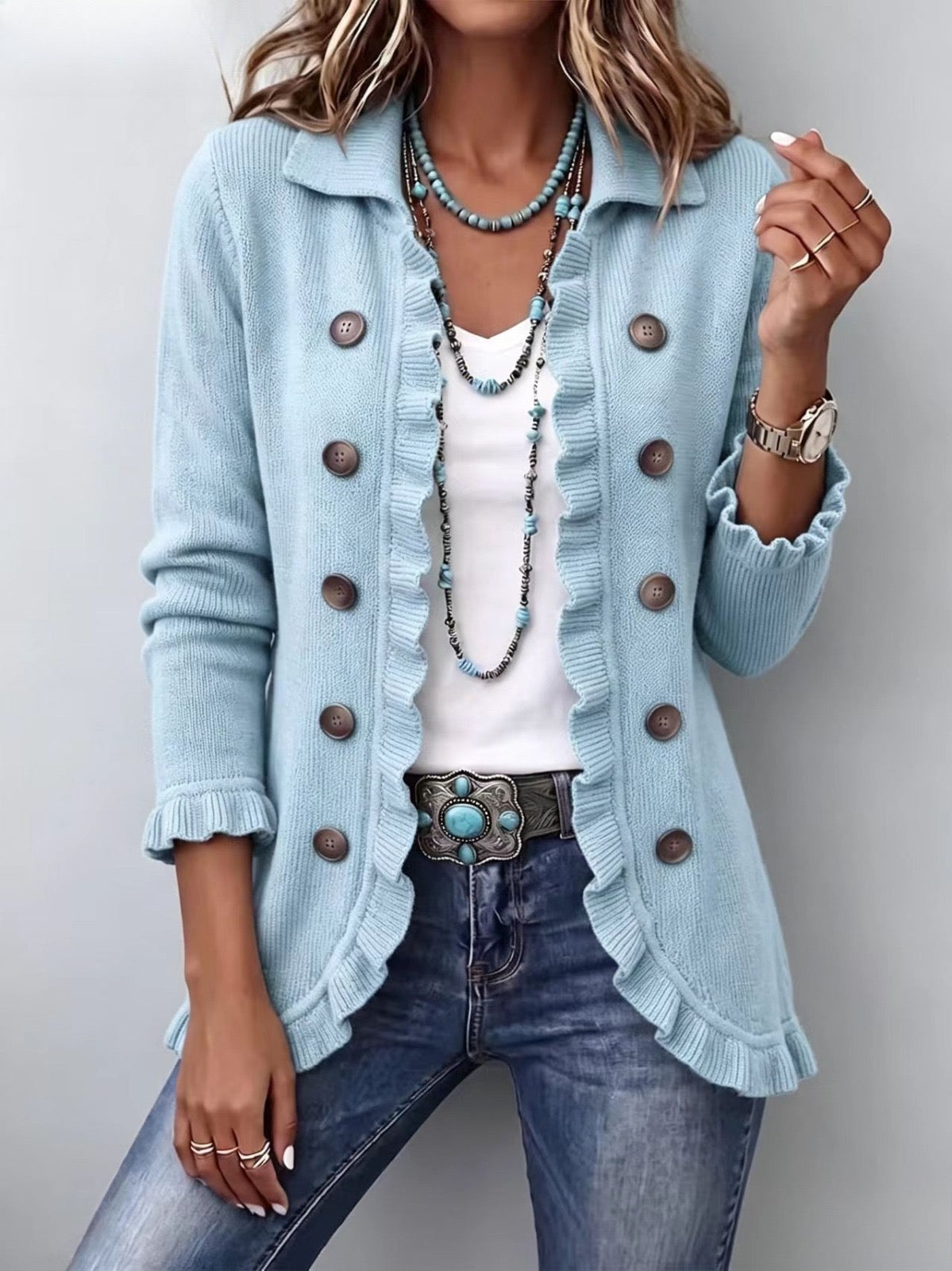 Agnès | Cardigan azzurro polvere con ruches