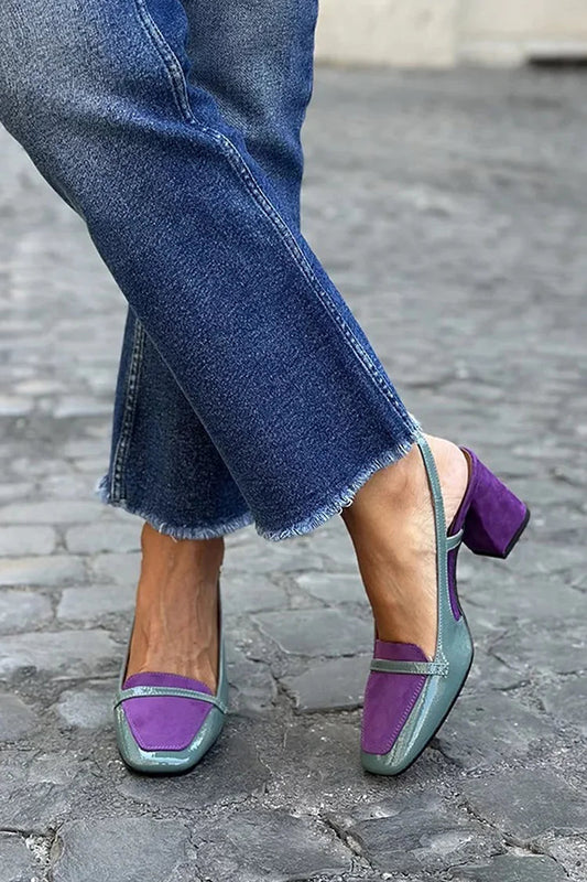Décolleté a punta quadrata patchwork viola con tacco largo