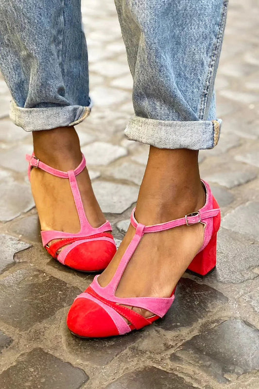 Sandali con tacco largo fucsia a blocchi di colore con fibbia e cinturino a T
