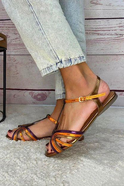 Sandali peep toe Multicolore e Oro con fibbia e cinturino a T