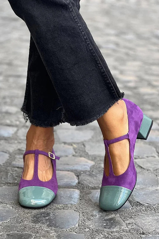 Décolleté color block Viola a punta rotonda con fibbia e cinturino a T