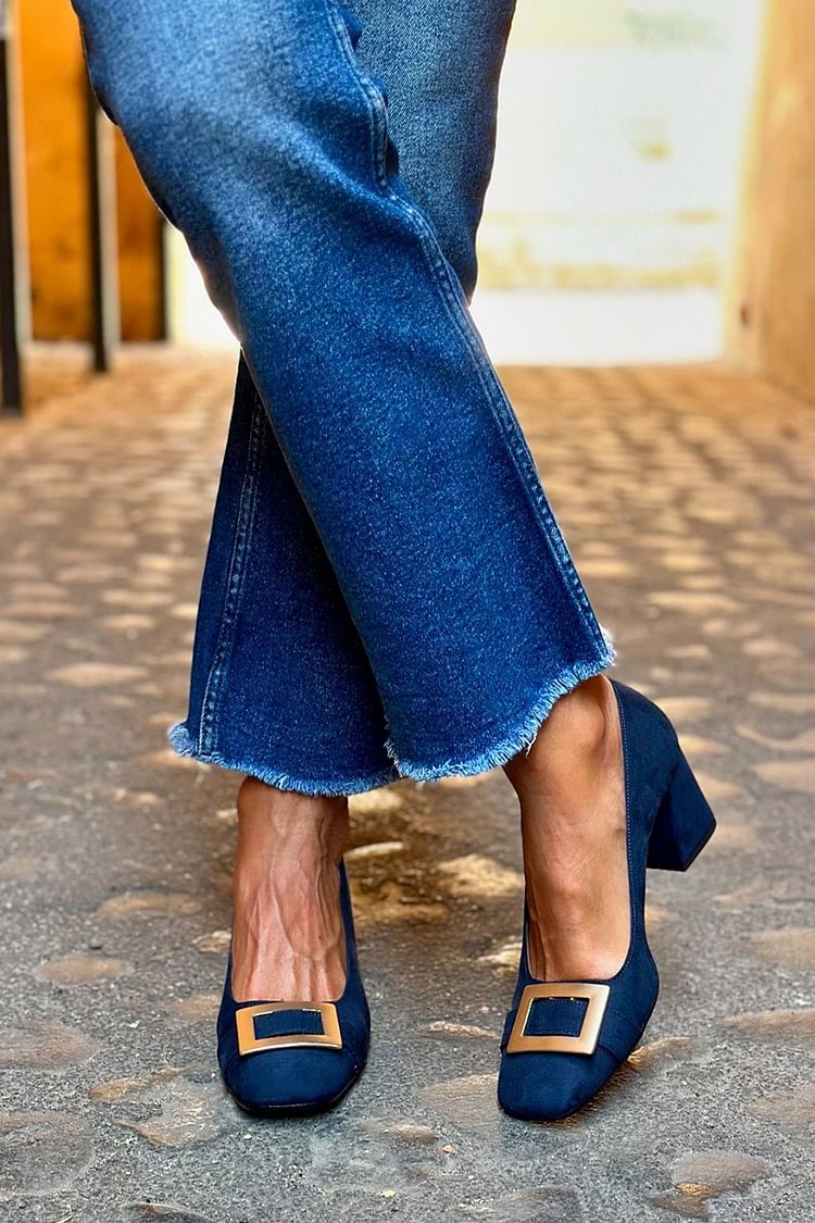 Décolleté patchwork Blu Marino a punta quadrata con tacco largo