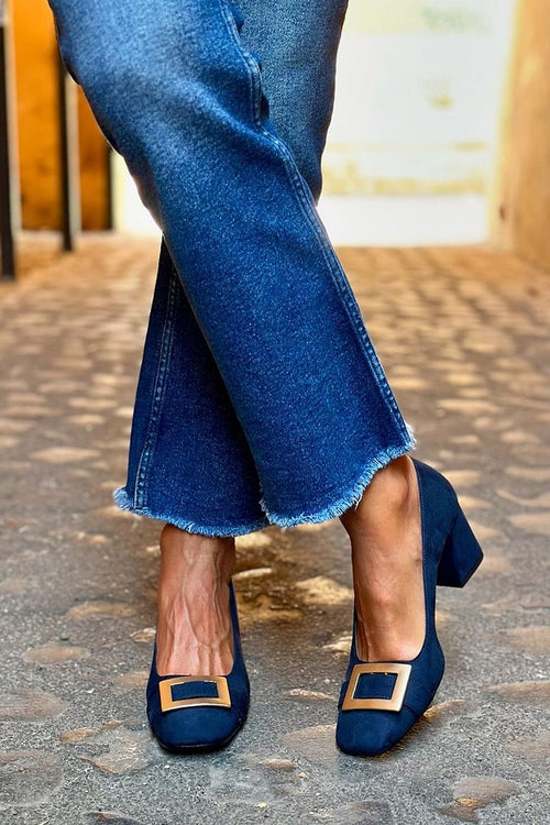 Décolleté patchwork Blu Marino a punta quadrata con tacco largo