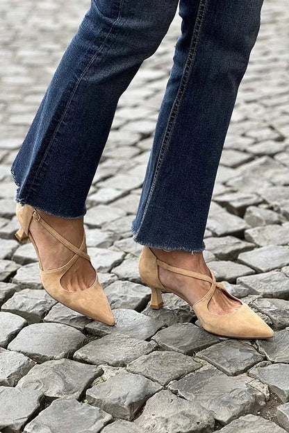 Décolleté kaki a punta con fibbia e cinturini incrociati