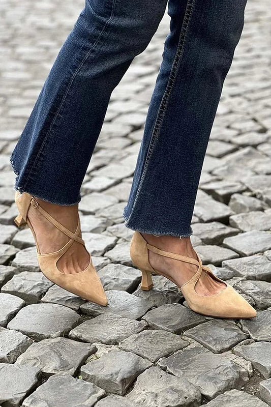 Décolleté kaki a punta con fibbia e cinturini incrociati