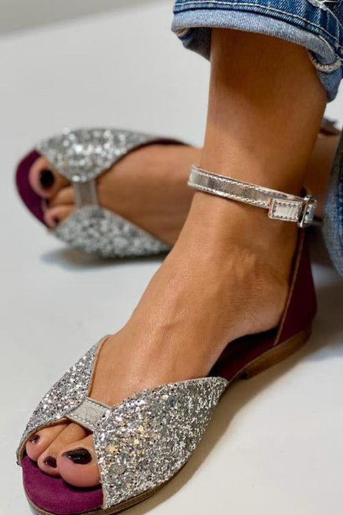 Sandali peep toe argentati con paillettes e cinturino alla caviglia con fibbia