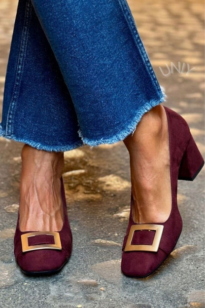 Décolleté patchwork Blu Marino a punta quadrata con tacco largo