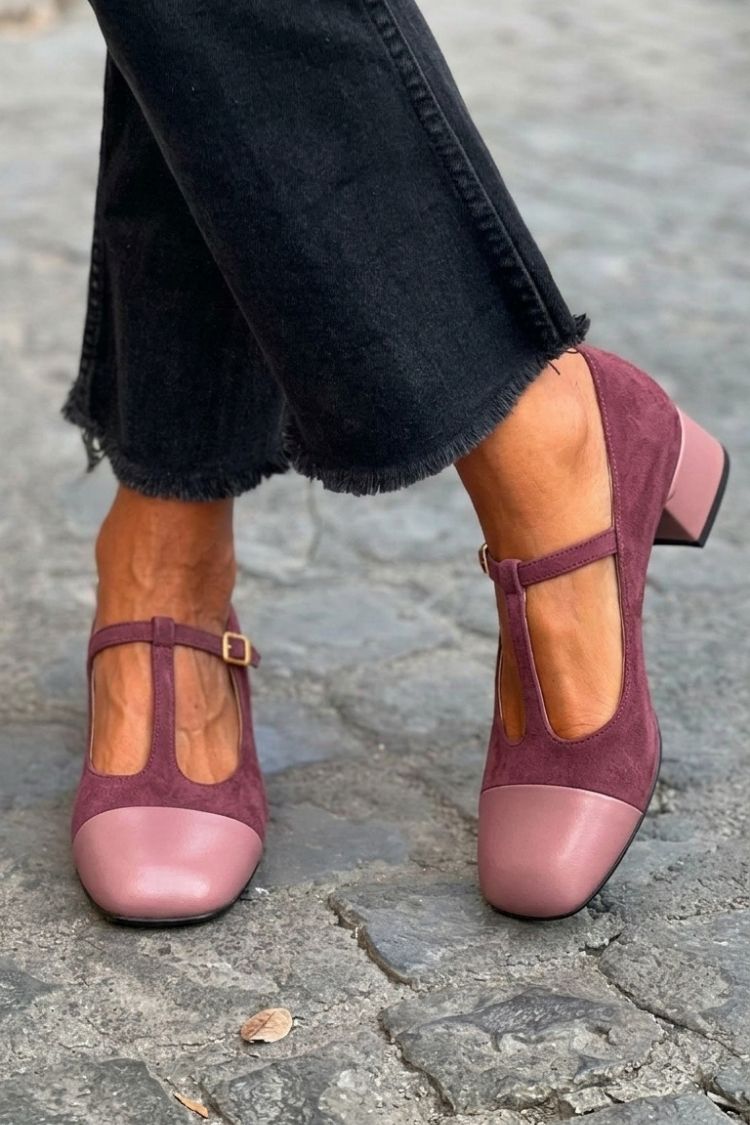 Décolleté color block Viola a punta rotonda con fibbia e cinturino a T