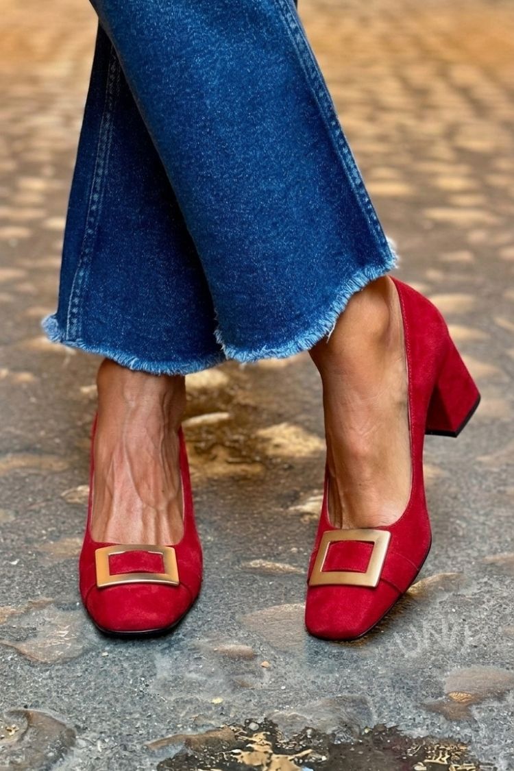 Décolleté patchwork Blu Marino a punta quadrata con tacco largo