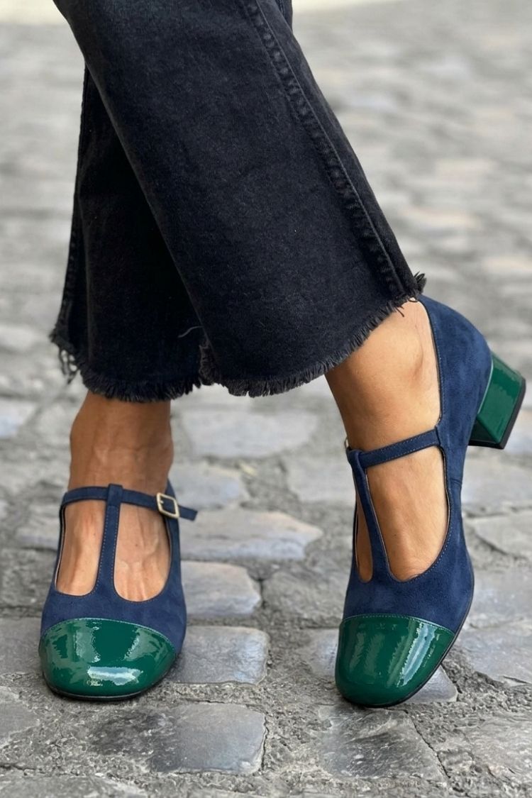 Décolleté color block Viola a punta rotonda con fibbia e cinturino a T