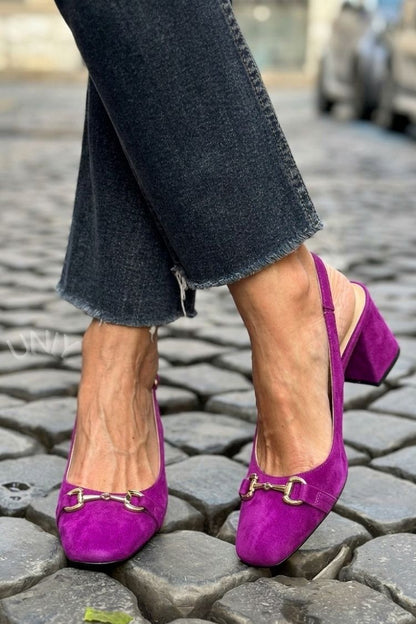 Slingback con tacco a blocco in camoscio oliva