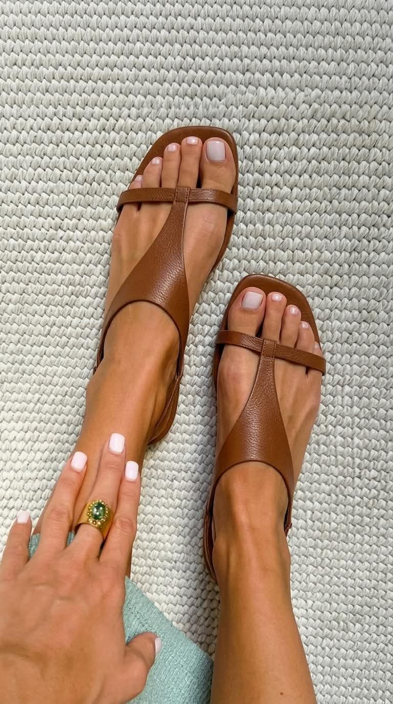Sandali slingback bassi in pelle color cognac a punta quadrata