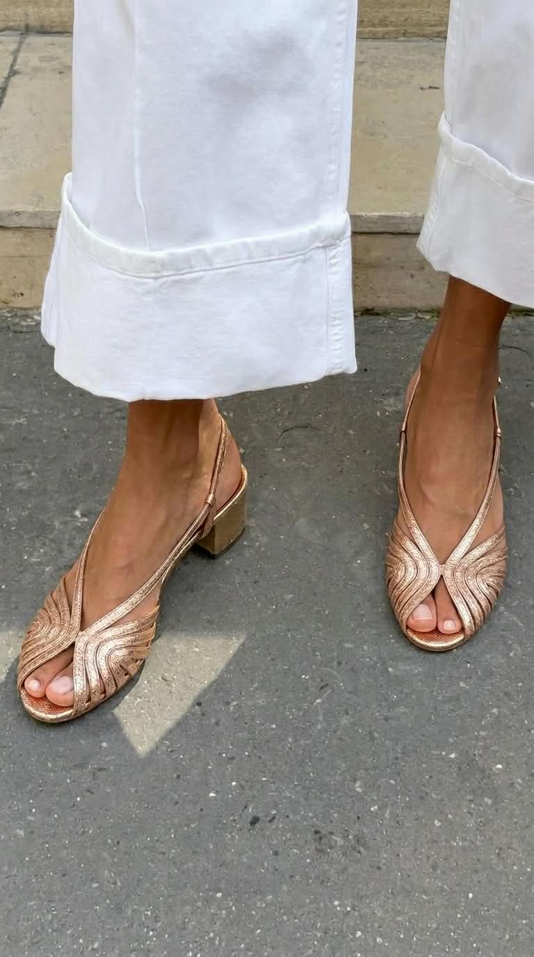 Sandali con tacco a blocco slingback peep toe intrecciati in metallizzato Oro Rosa