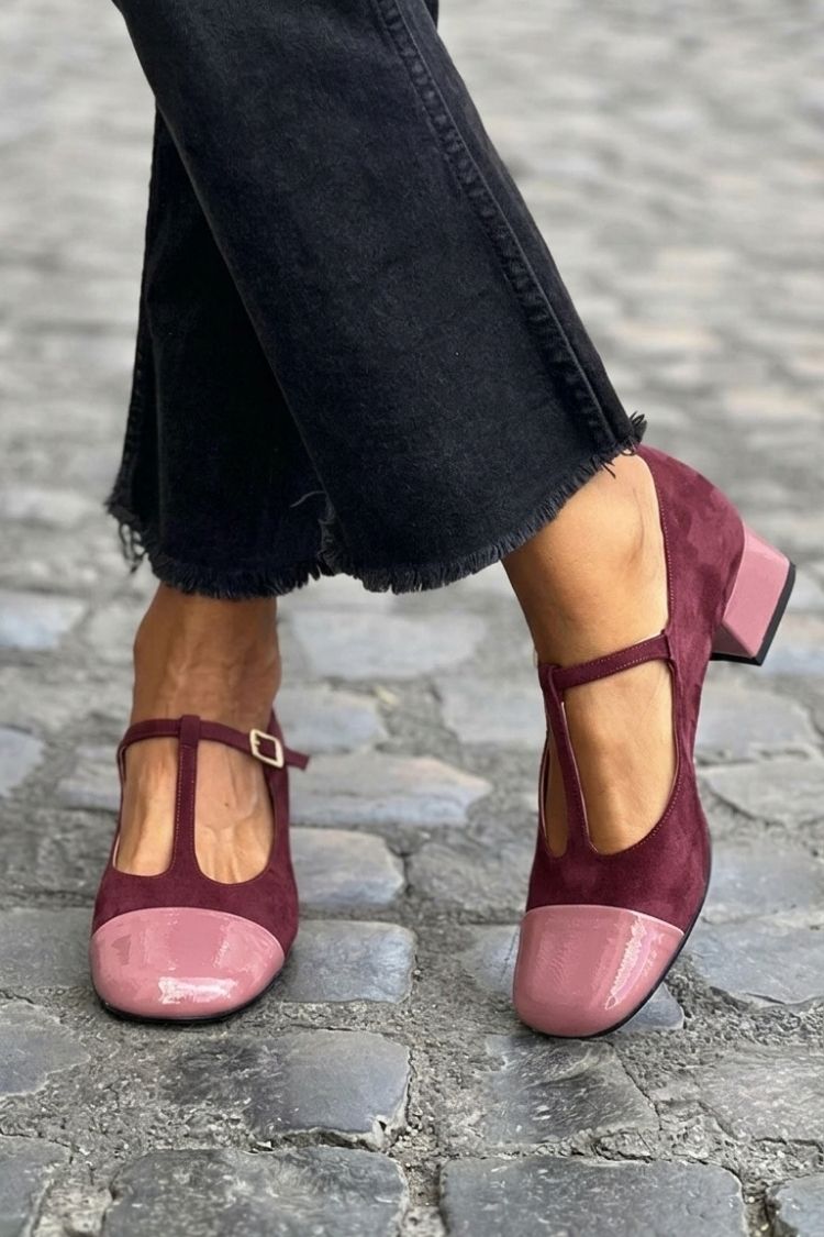 Décolleté color block Viola a punta rotonda con fibbia e cinturino a T