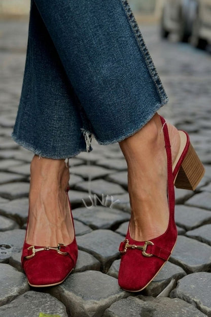 Slingback con tacco a blocco in camoscio oliva