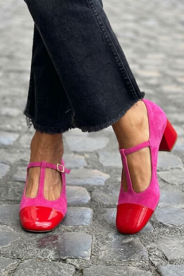Décolleté color block Viola a punta rotonda con fibbia e cinturino a T