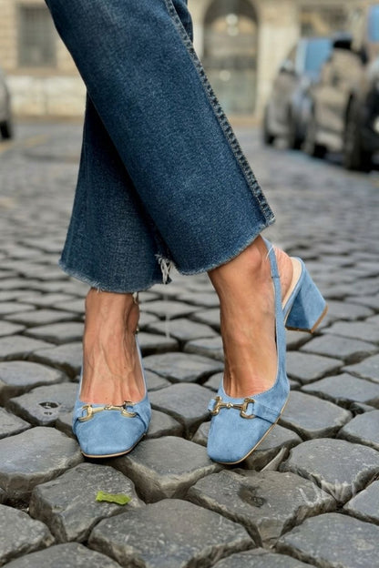Slingback con tacco a blocco in camoscio oliva