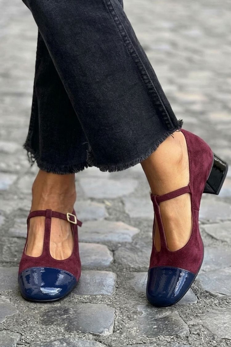 Décolleté color block Viola a punta rotonda con fibbia e cinturino a T