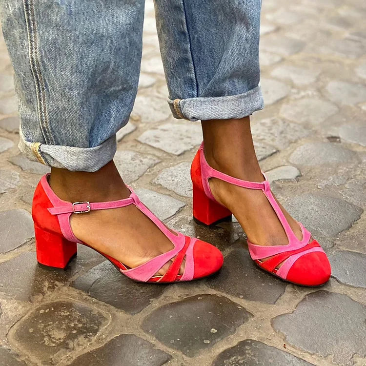 Sandali con tacco largo fucsia a blocchi di colore con fibbia e cinturino a T