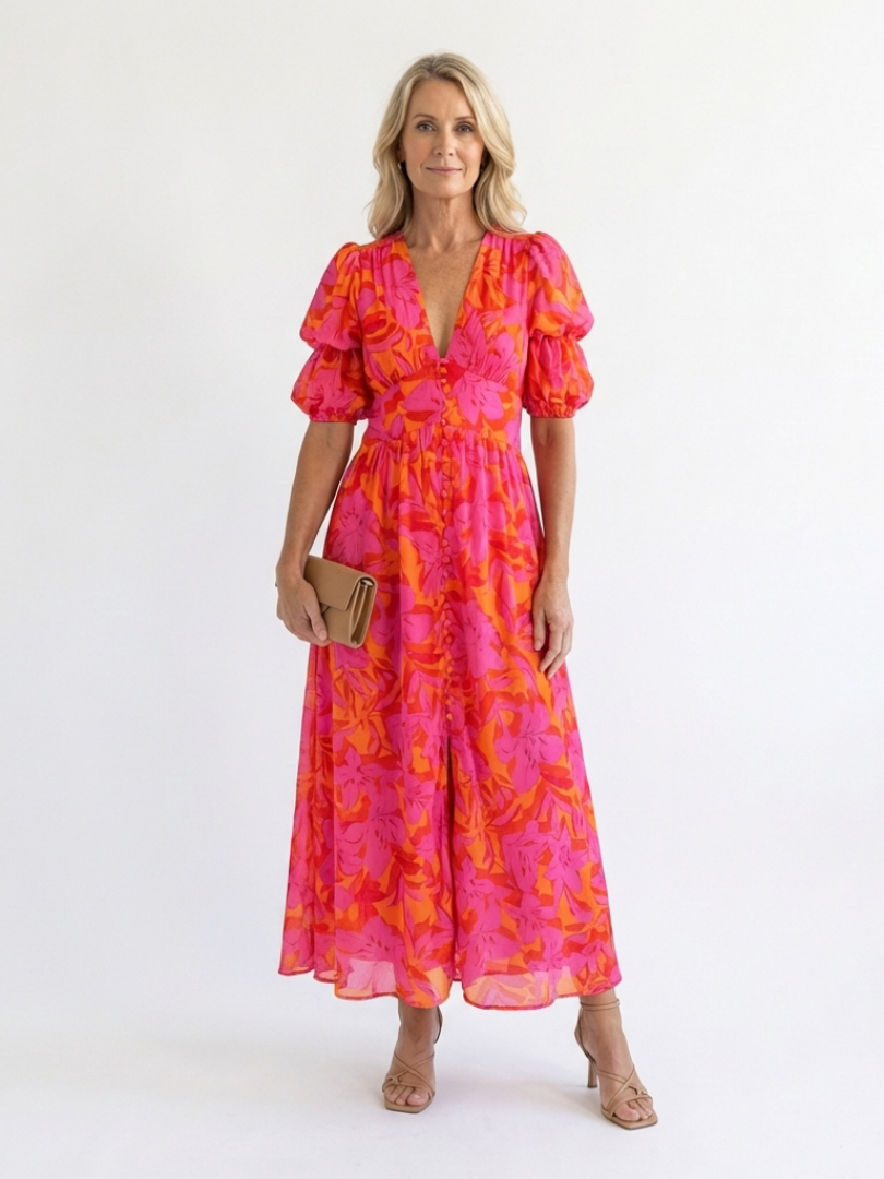 Willow | Abito midi floreale con scollatura a V e maniche a sbuffo
