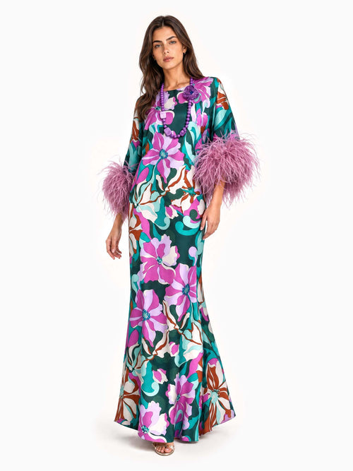 Abito lungo in satin floreale