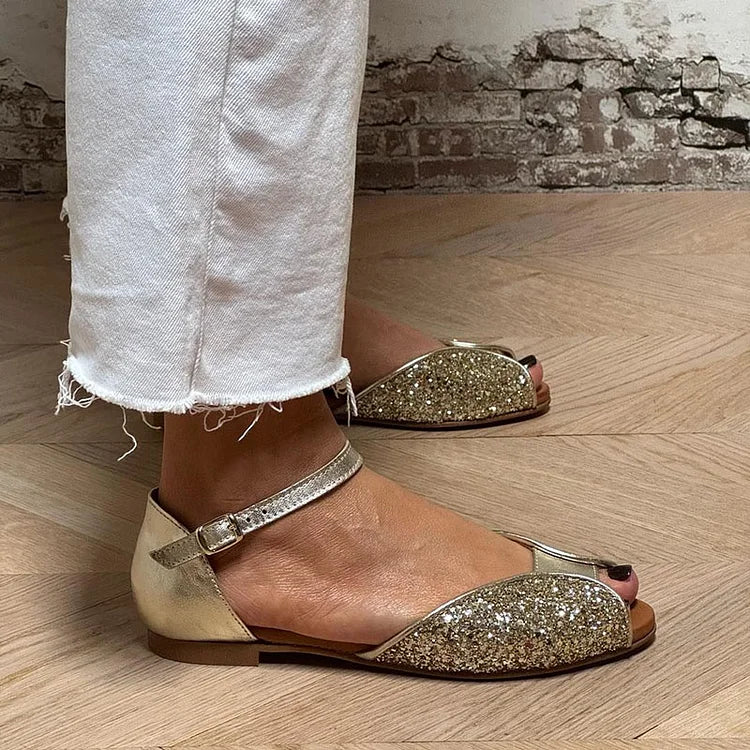 Sandali peep toe in paillettes oro con cinturino alla caviglia e fibbia
