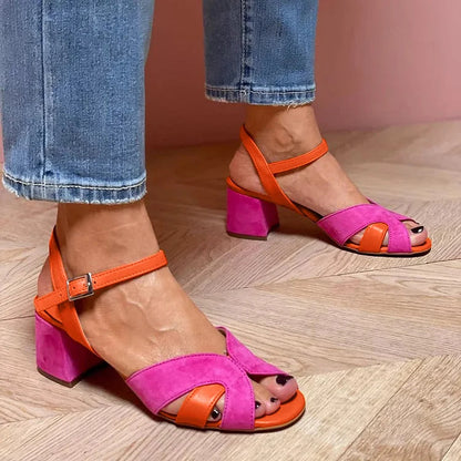 Tacchi larghi peep toe color block con cinturino alla caviglia