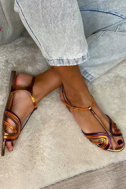 Sandali peep toe Multicolore e Oro con fibbia e cinturino a T