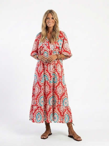 Zaria | Abito midi a maniche corte con scollatura a V e stampa paisley