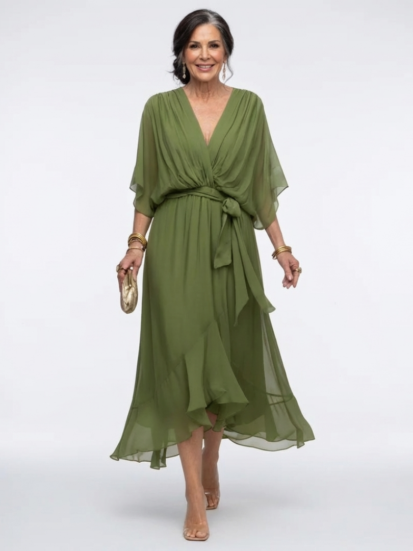 Elysia | Abito midi drappeggiato con scollo a V e cintura in vita