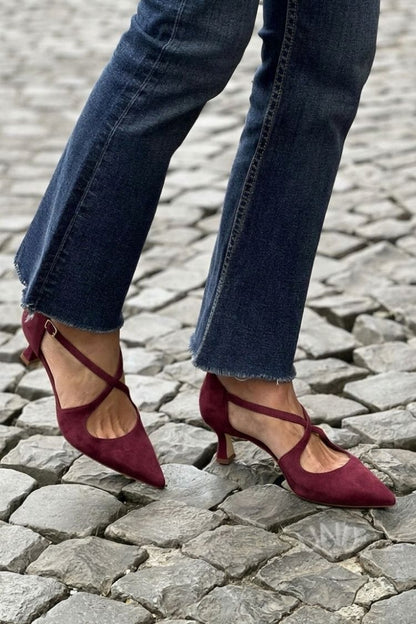 Décolleté kaki a punta con fibbia e cinturini incrociati
