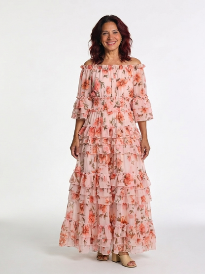 Rosalie | Abito Maxi a Righe Floreali con Spalle Scoperte