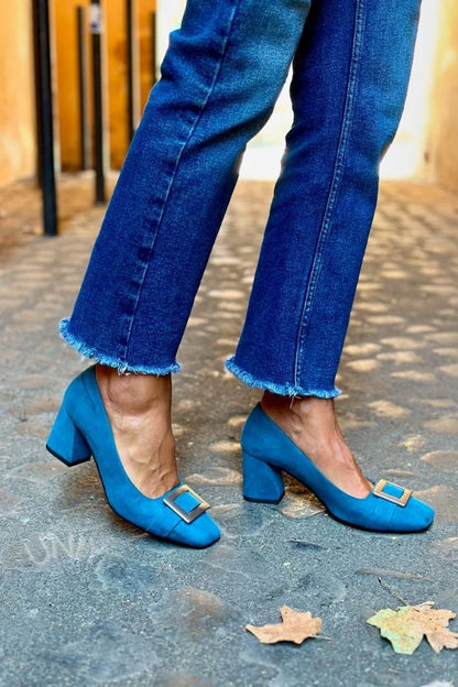 Décolleté patchwork Blu Marino a punta quadrata con tacco largo