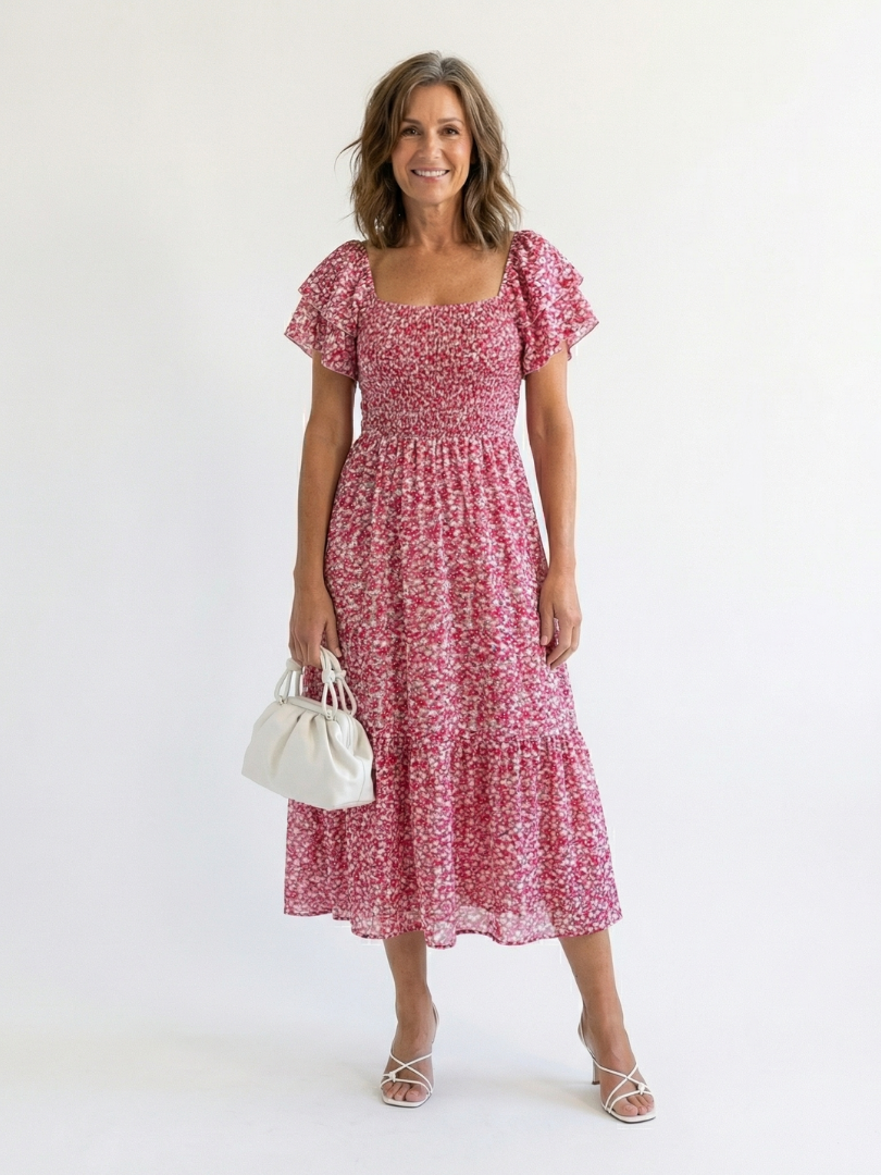 Odette | Abito Midi a Spalle Scoperte con Fiori Arricciati