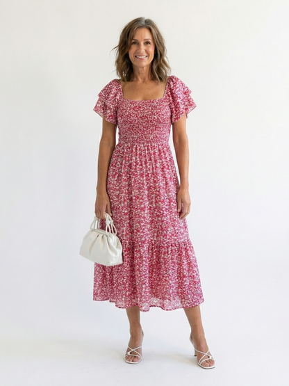 Odette | Abito Midi a Spalle Scoperte con Fiori Arricciati