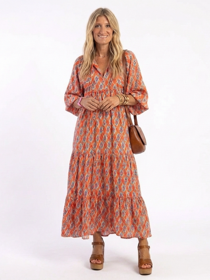 Amara | Vestito midi a strati con scollatura a V e stampa geometrica