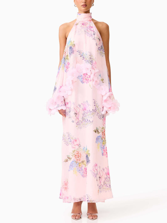 Abito lungo con scollo floreale