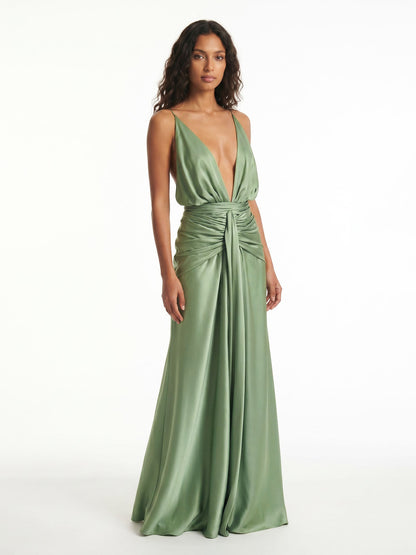 Vestito Maxi Avvolgente Halter in Verde Salvia