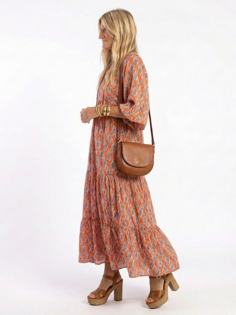 Amara | Vestito midi a strati con scollatura a V e stampa geometrica