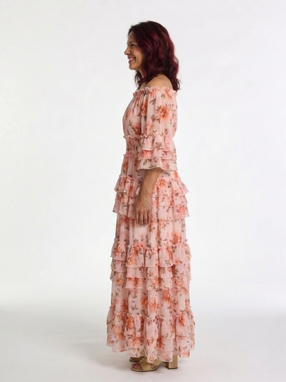 Rosalie | Abito Maxi a Righe Floreali con Spalle Scoperte