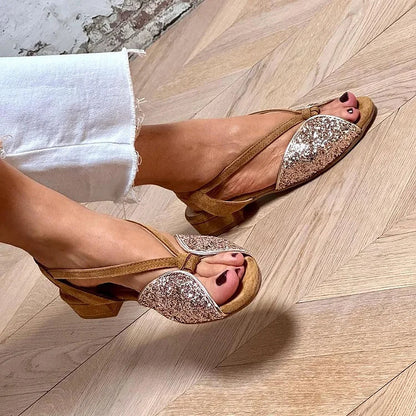 Sandali bassi in glitter patchwork Marrone