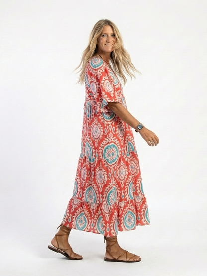 Zaria | Abito midi a maniche corte con scollatura a V e stampa paisley