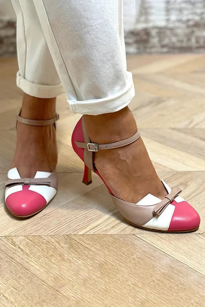 Tacchi a spillo fucsia color block con fiocco e punta rotonda
