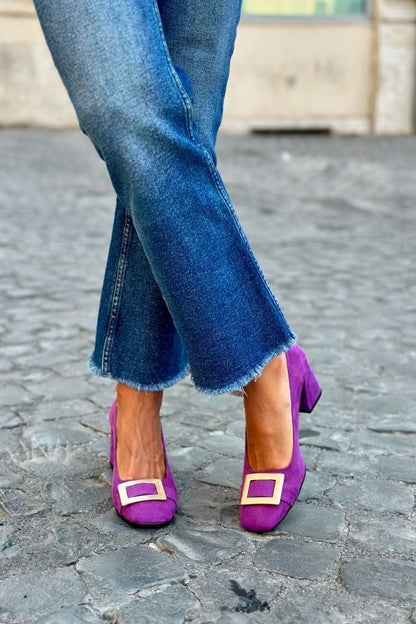 Décolleté patchwork Blu Marino a punta quadrata con tacco largo