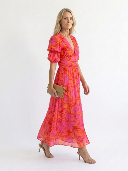 Willow | Abito midi floreale con scollatura a V e maniche a sbuffo