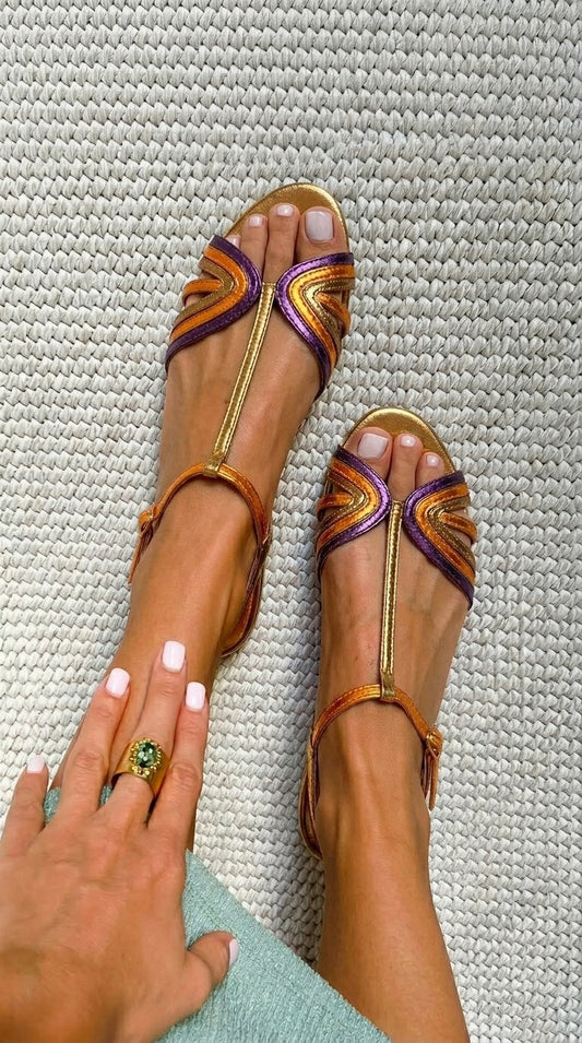Sandali peep toe metallizzati Viola e Oro con cinturino a T