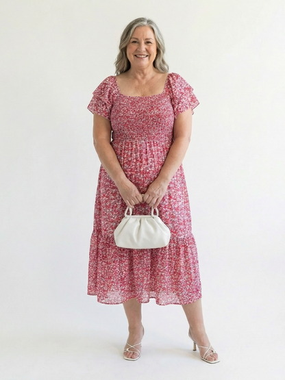 Odette | Abito Midi a Spalle Scoperte con Fiori Arricciati
